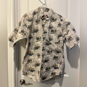 Woolrich Men's 90” Vintage Beige & Green BD  SS Outdoor Fishing Shirt Size M